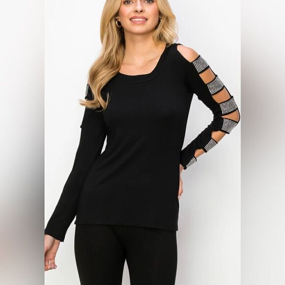 Vocal Ladder Cut Rhinestone LS Top - Picture 2 of 3